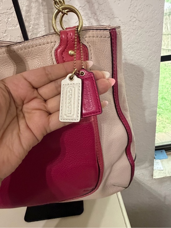 Coach Cream and Pink Pebbled Leather Shoulder Tote with Gold Chain Straps